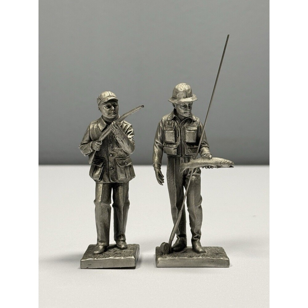 VTG Lance Fine Pewter Hunter Fisherman Figurines Set USA Hunting Fishing Outdoor
